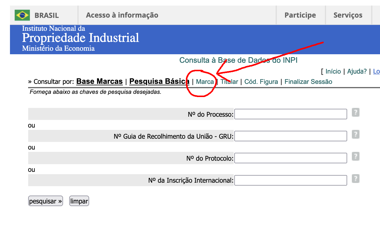 Tela do site do INPI no busca-marca da plataforma, clique em "Marca"