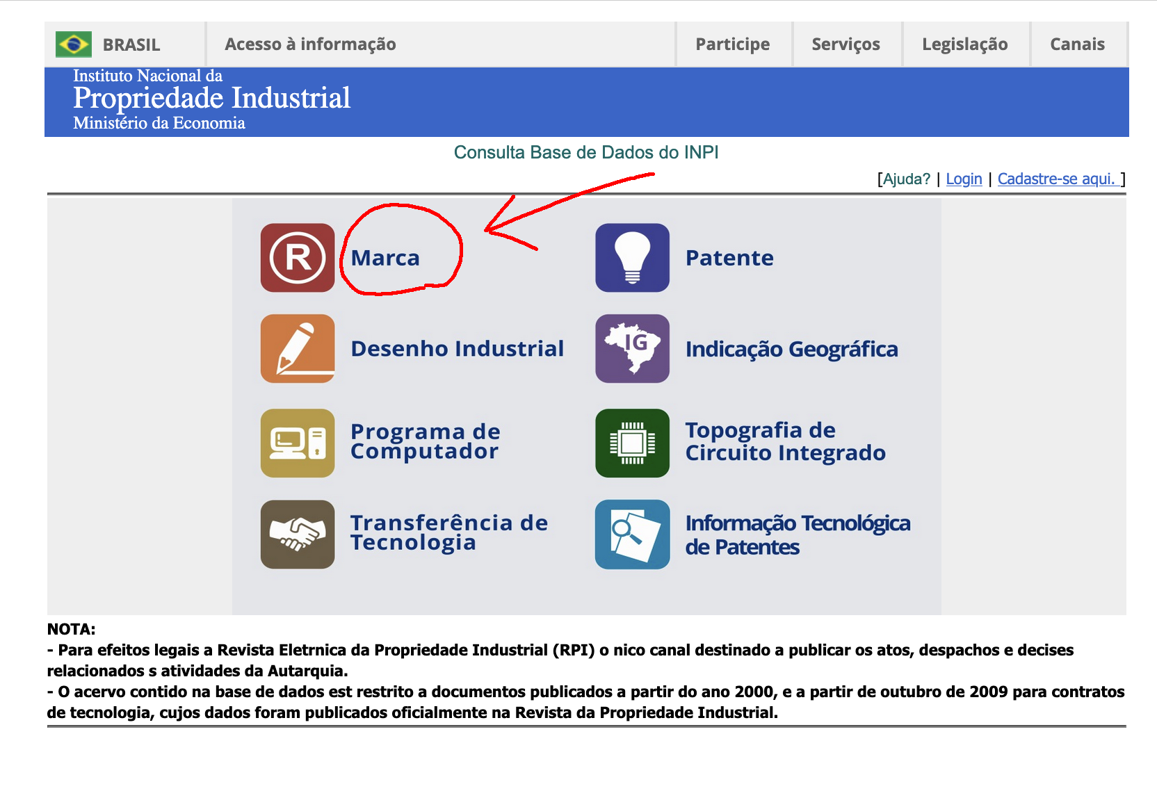 TELA DO SITE INPI para consultar marca clique em "marca"