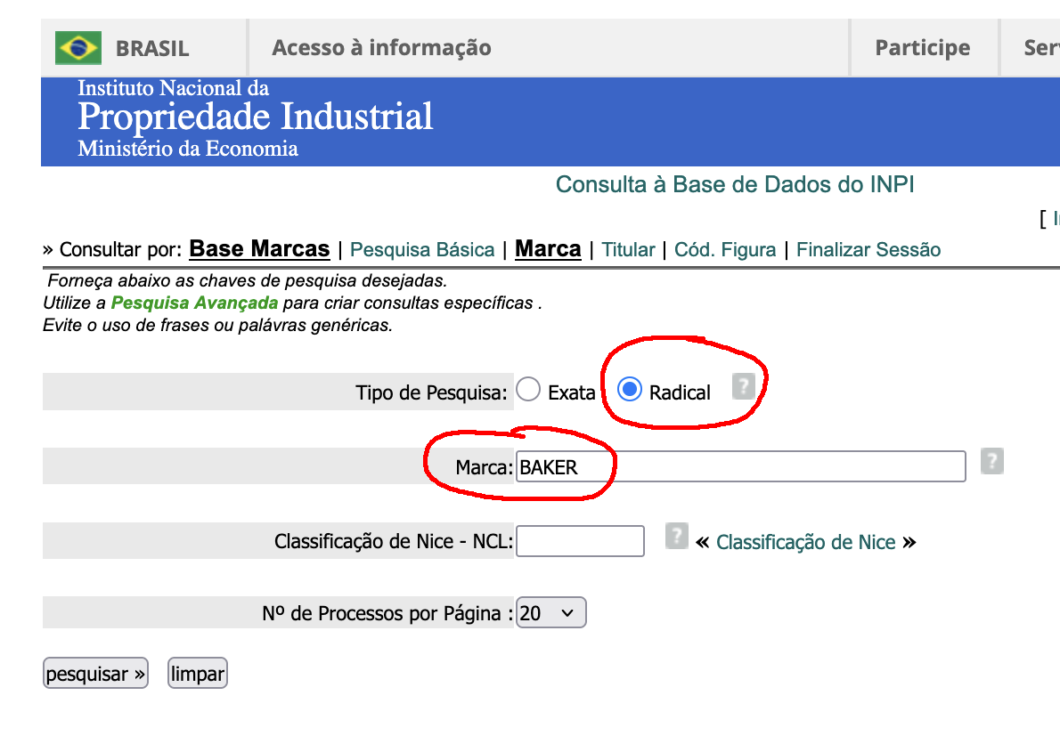 Procure uma marca pelo nome, selecione a opção “Radical da marca”. Tela da busca do site INPI